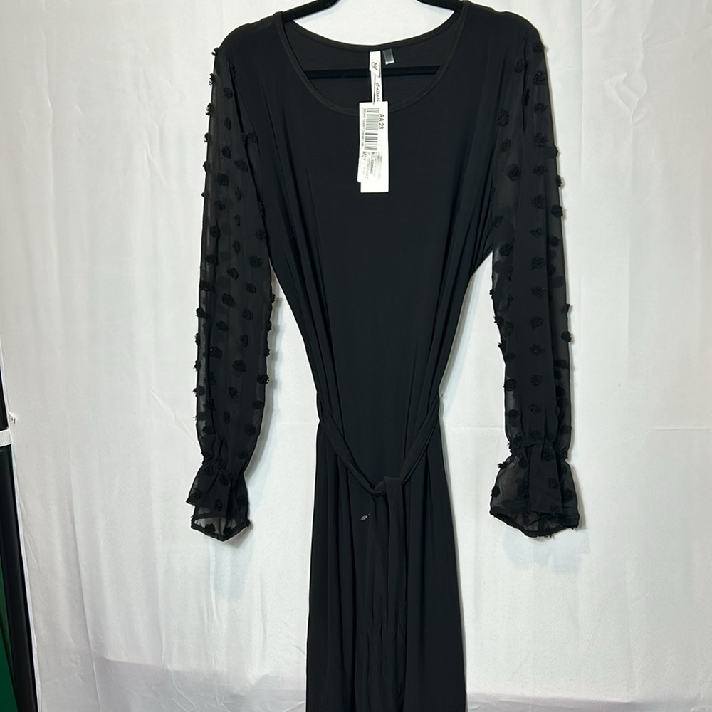 NY Collection Black Knit Midi Dress Size 1X Chiffon Sleeve Swiss Dot New